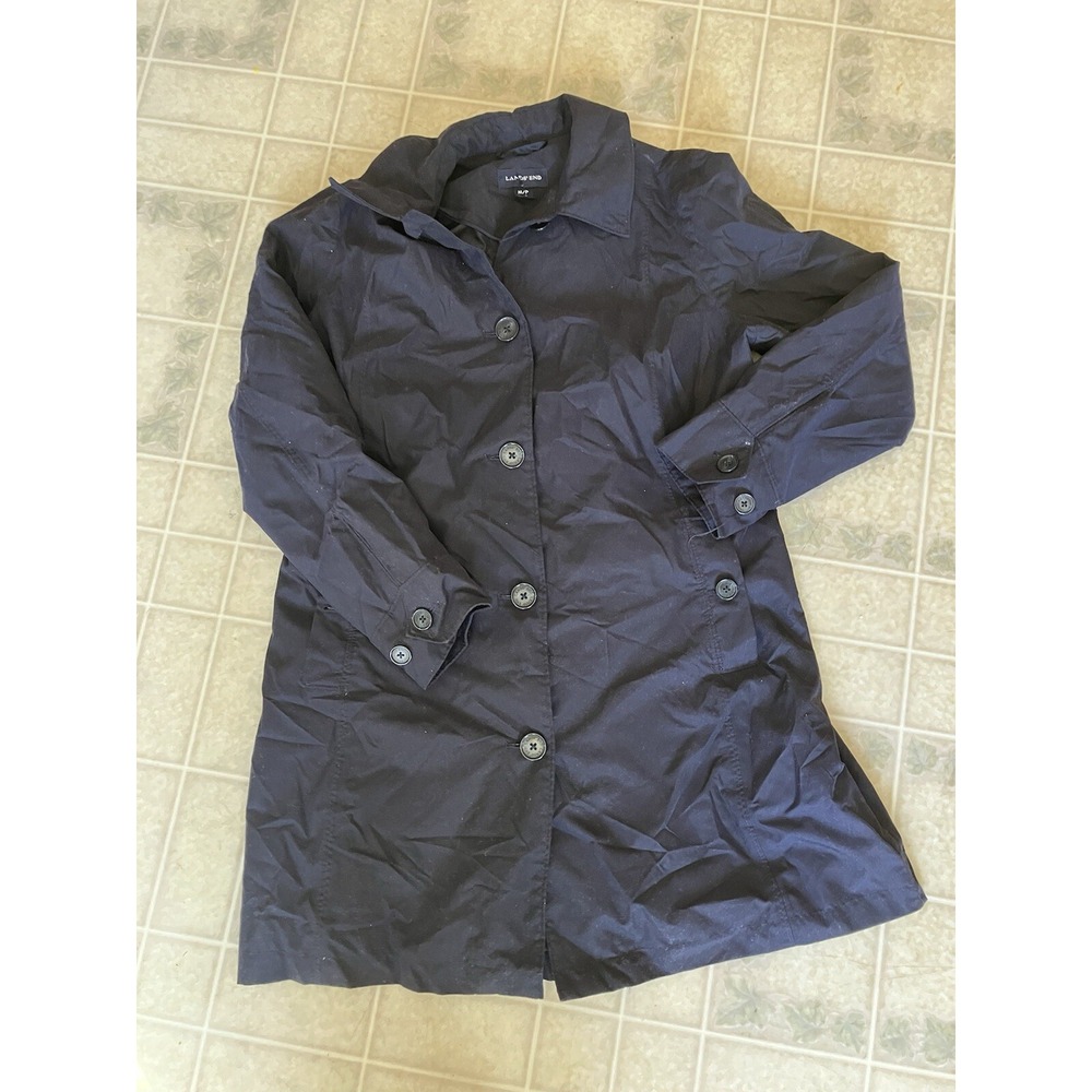 Lands' End Womens Rain Coat Jacket Sz Medium 10-12 Navy Blue Trench Button Front